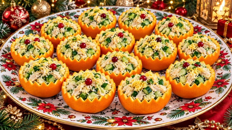 Апельсины разрезаю пополам, начиняю филешкой + огурцами: обалденный салат круче тарталеток станет звездой новогоднего стола